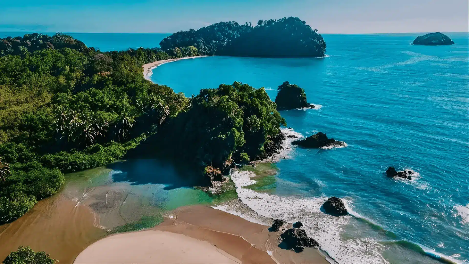 Aerial view of Jacó beach, showcasing the ocean, sandy shore, trees, and rocky formations under a clear blue sky.