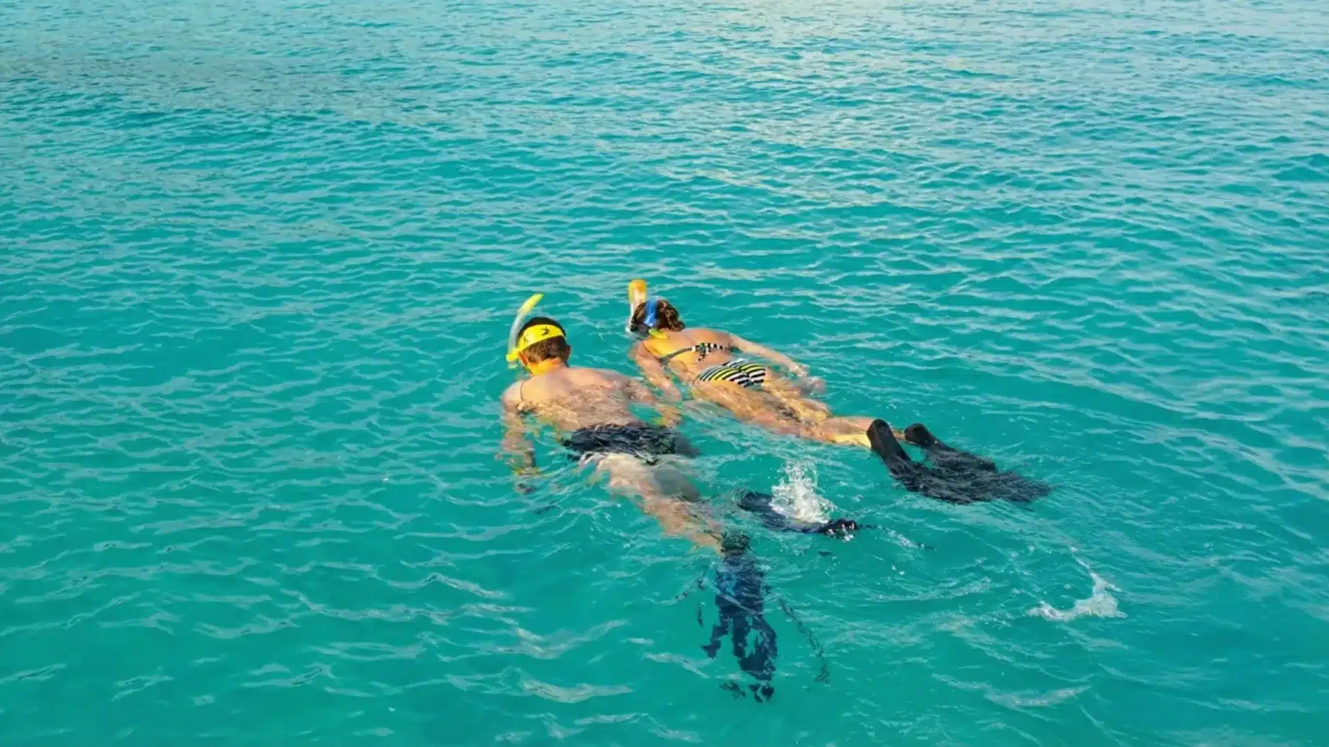 A man and a woman learning skin diving on the ocean surface.