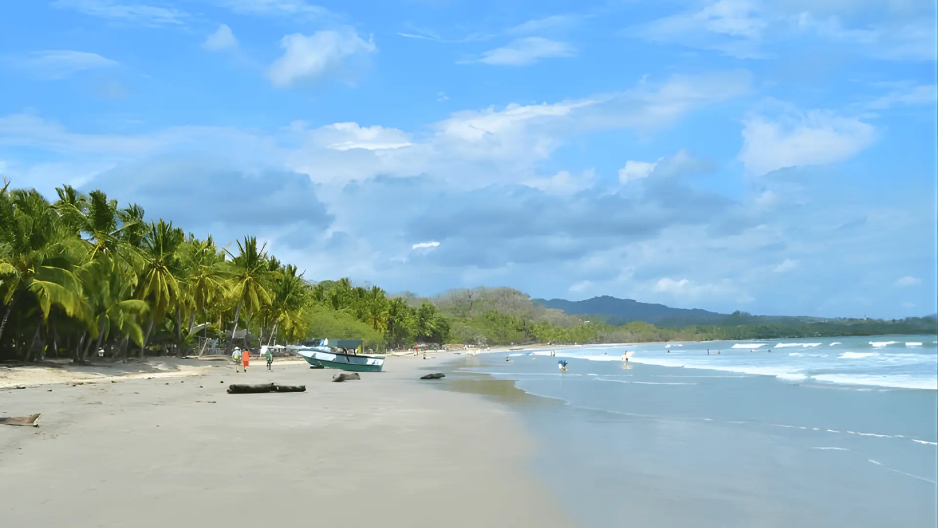 A serene beach in Samara, Costa Rica, featuring palm trees and people enjoying the sun and gentle waves.