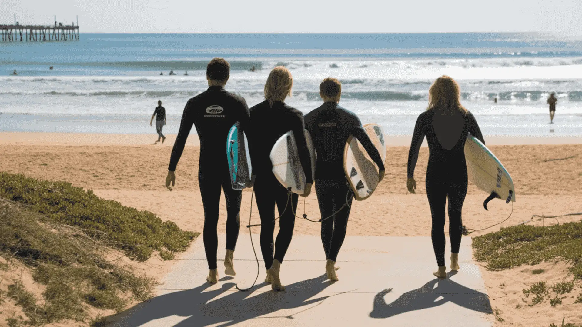 Four surfers in wetsuits walking toward the beach waves while carrying surfboards.
