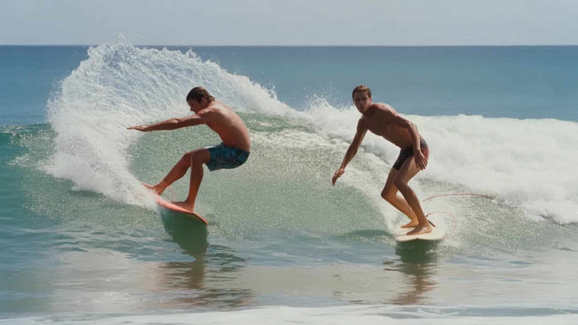 Two surfers riding the same breaking wave during a surf lesson near the shore.