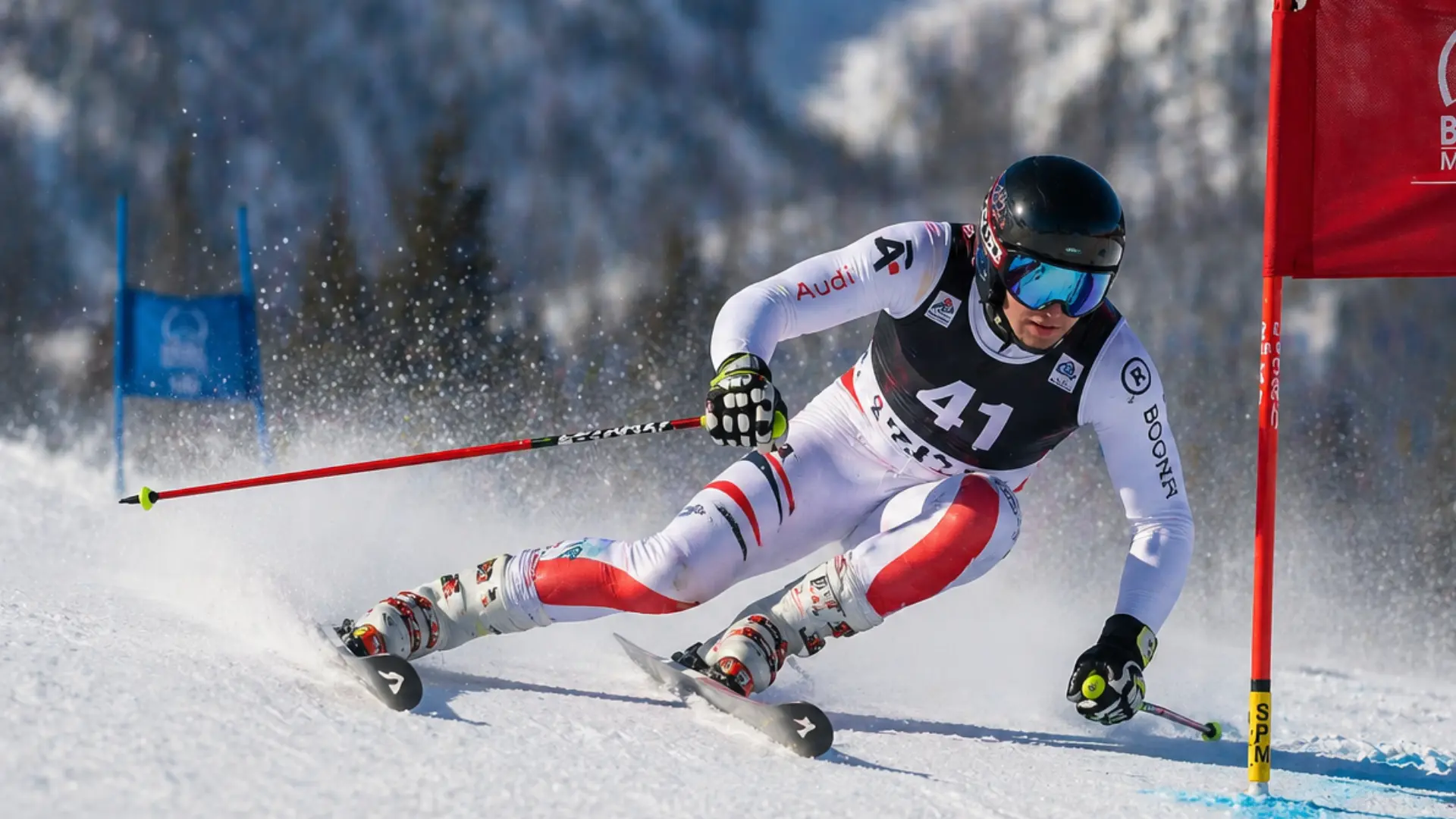 Alpine ski racer carving through a gate on a steep snowy course, leaning sharply into a turn with poles and blurred mountain background.