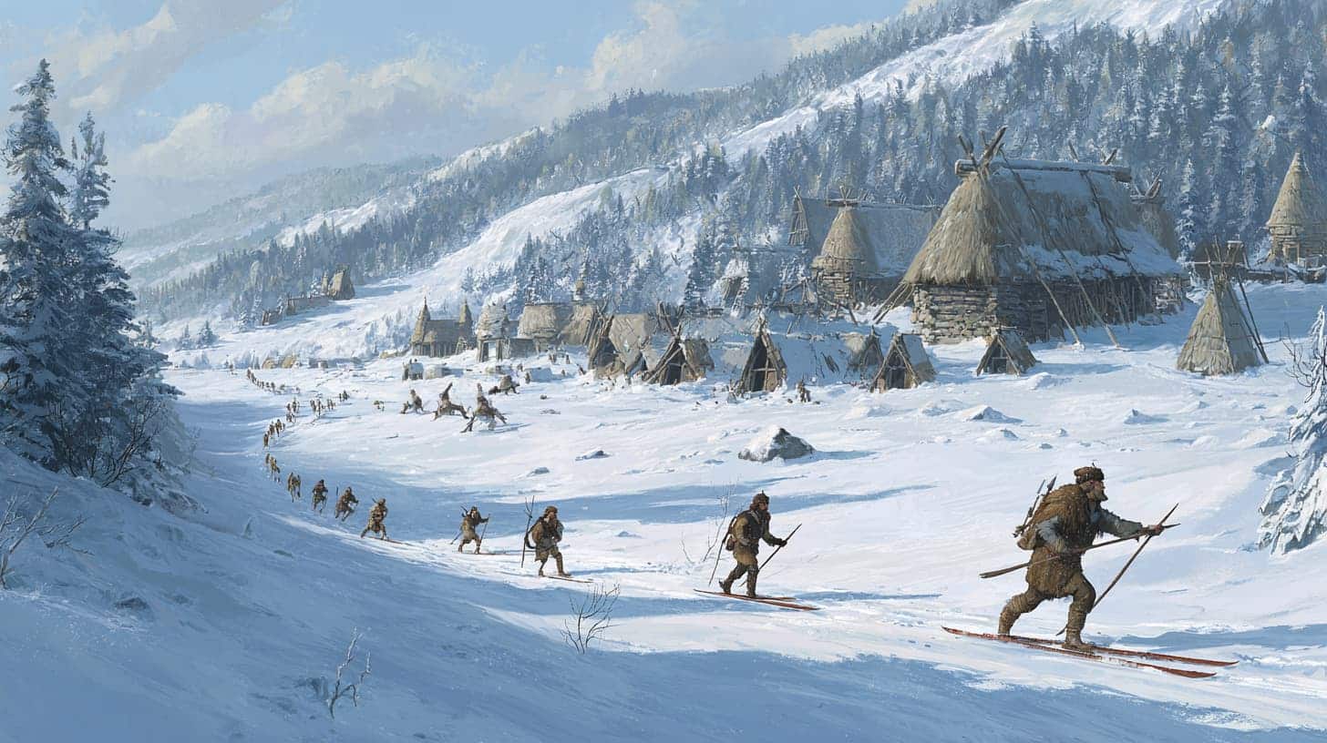 Ancient and medieval people skiing in northern Europe for travel and survival