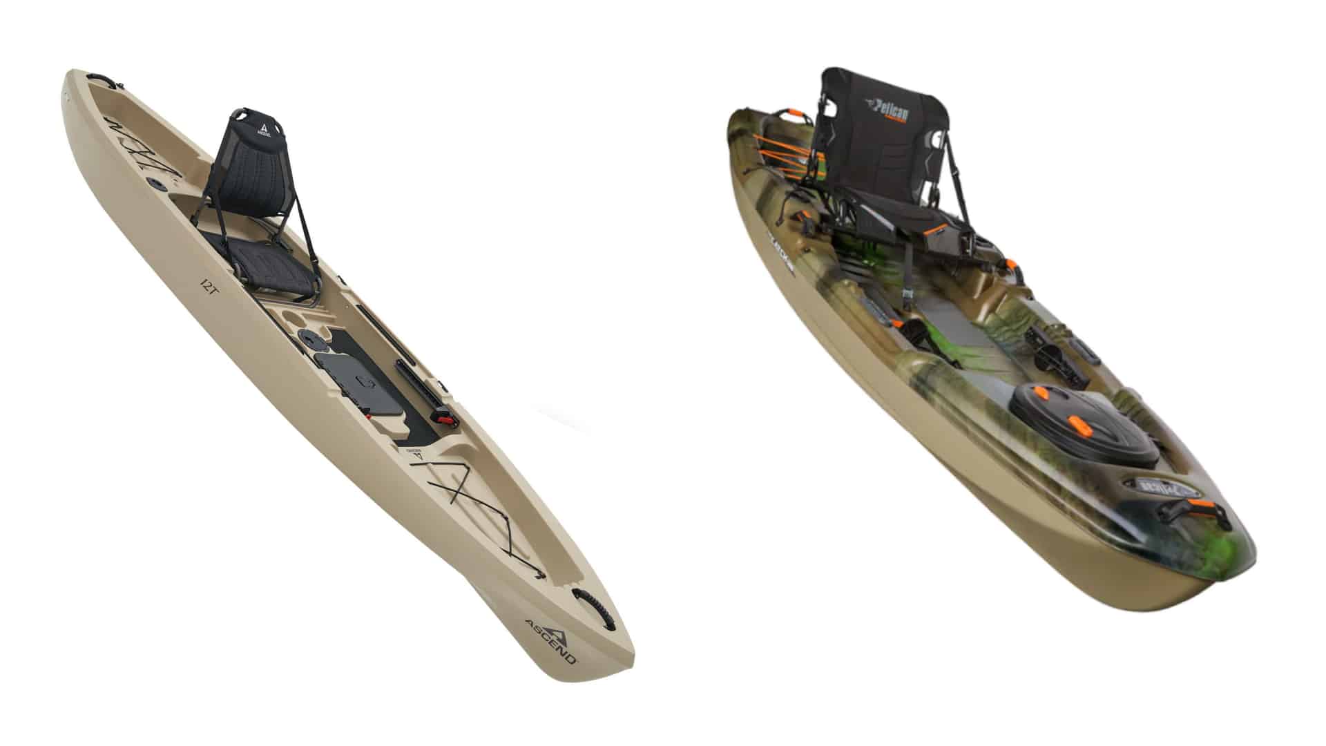 Ascend 12T and Pelican Catch 120 fishing kayaks displayed side by side on white