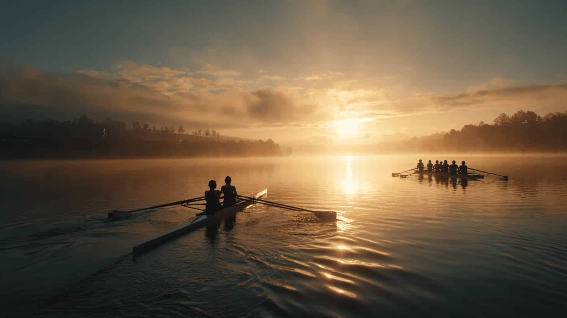Beginner rower comparing sculling and sweep rowing at sunrise.