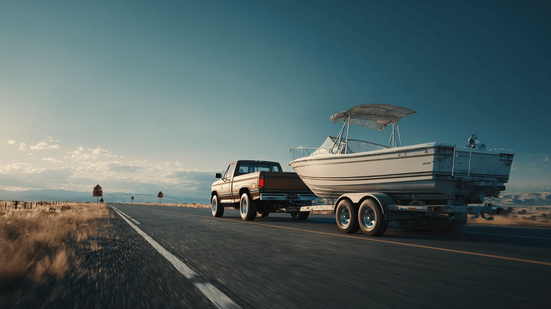 Pickup truck towing a boat on a highway under clear sky