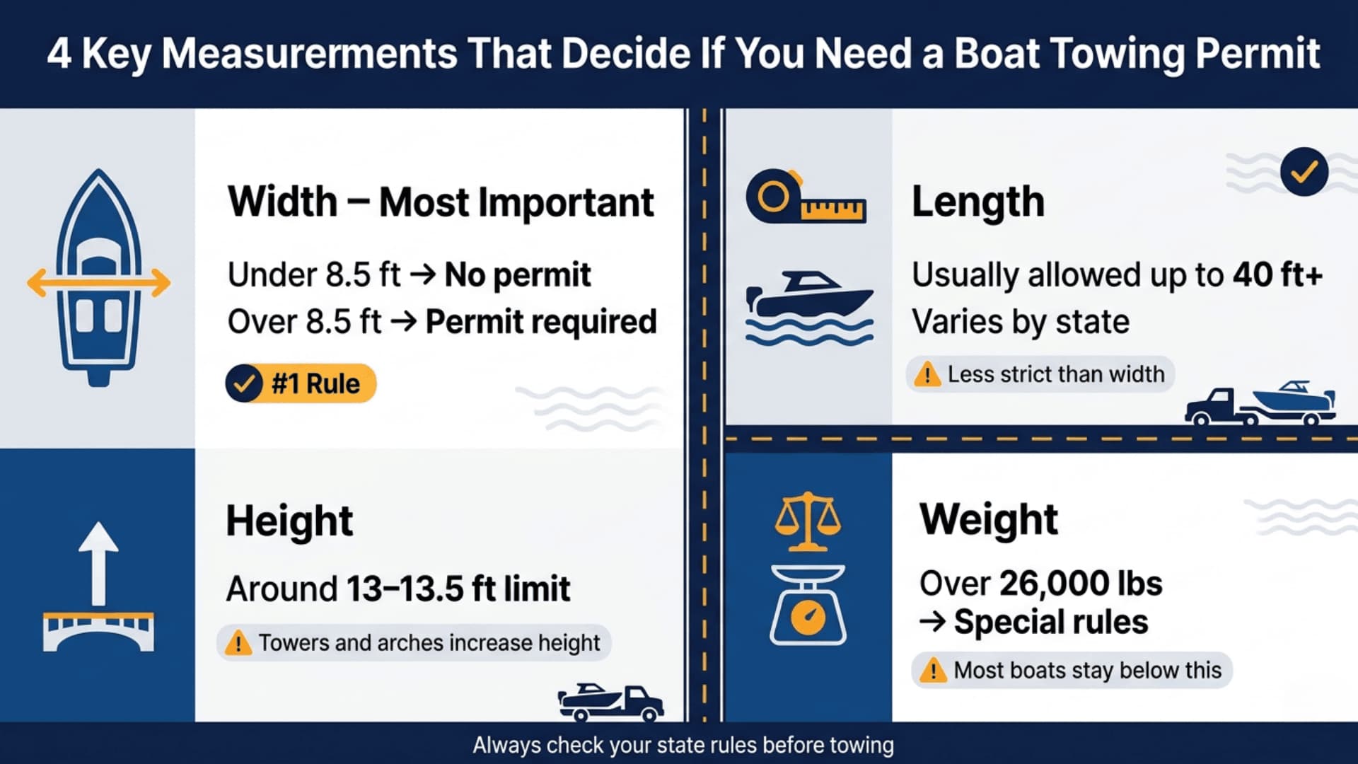 Boat towing permit limits infographic showing width, length, height, weight