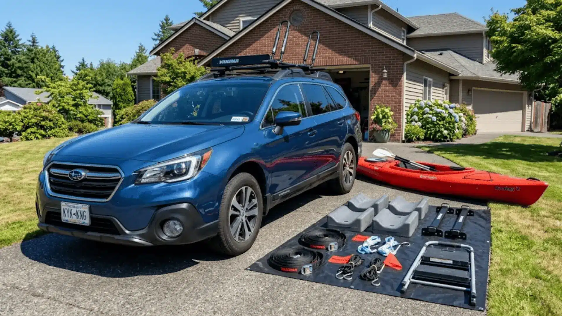 Car-With-Roof-Rack-And-Kayak-Transport-Gear-Laid-Out
