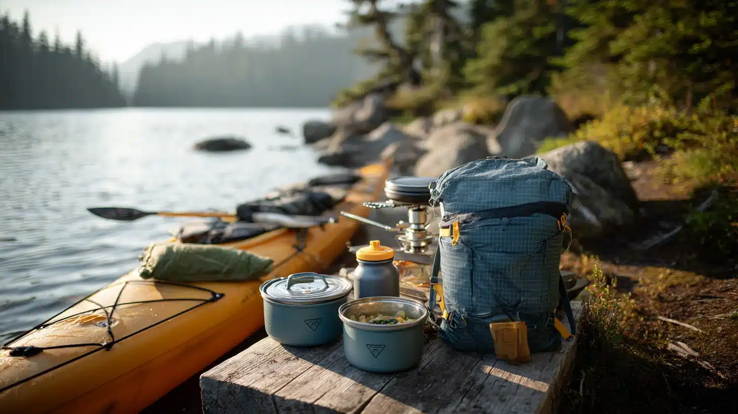 Compact kayak camping cooking setup with portable stove, nesting cookware, and organized gear by a lakeside campsite
