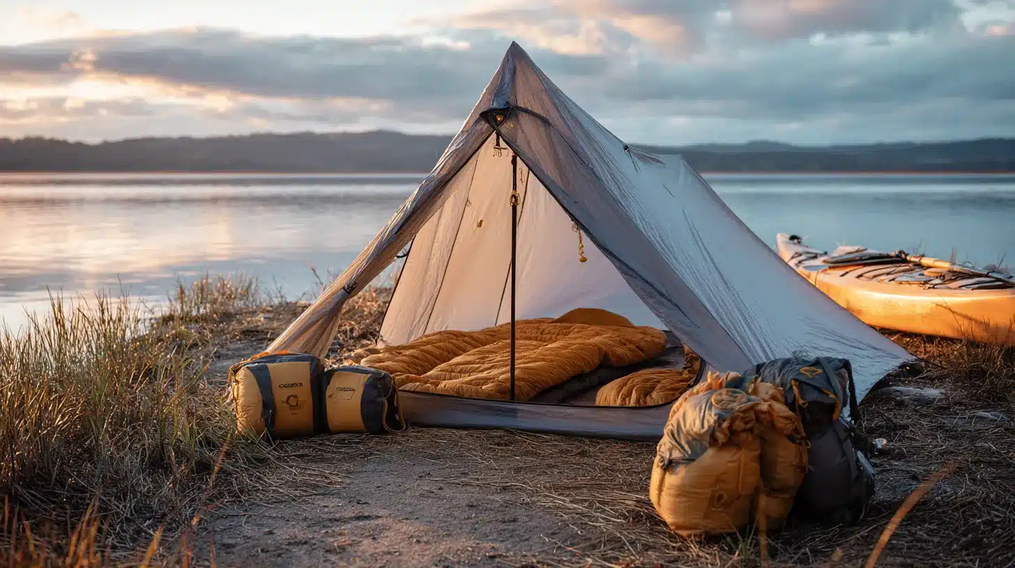 Compact kayak camping tent setup with sleeping gear and dry bags arranged neatly beside a lakeshore kayak