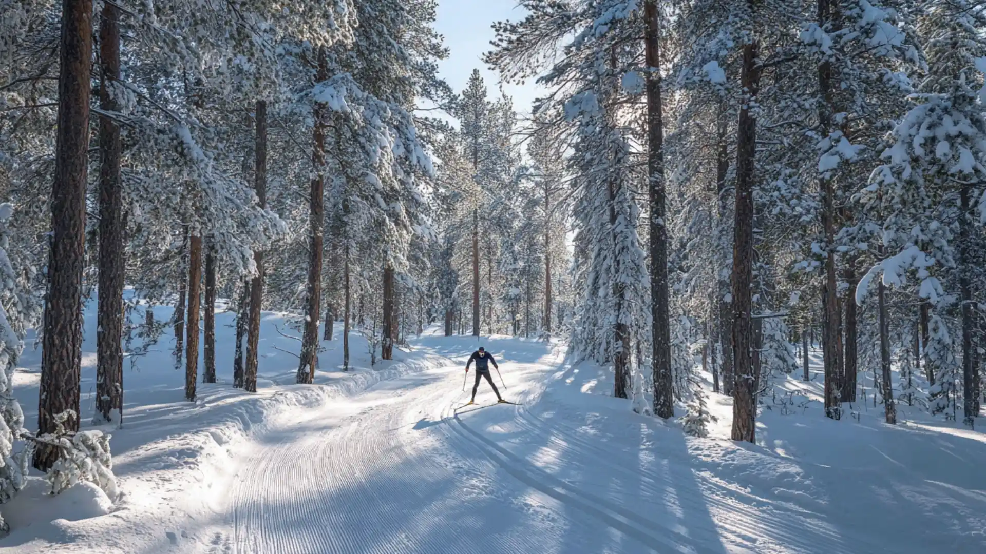 Cross-country skier gliding on snowy forest trail with poles in soft daylight