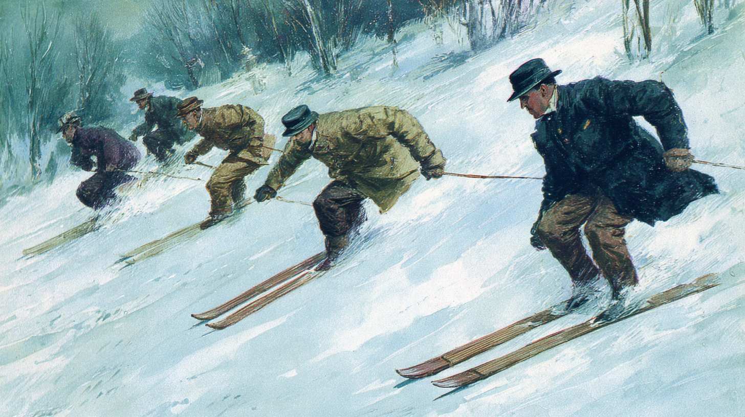 Early 1900s skiers developing downhill techniques on snowy slopes