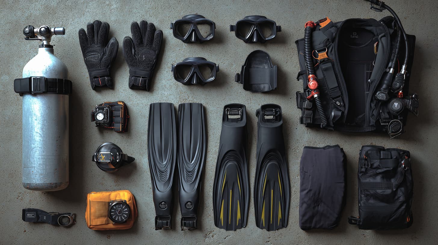 Essential scuba equipment including tank, regulator, and fins