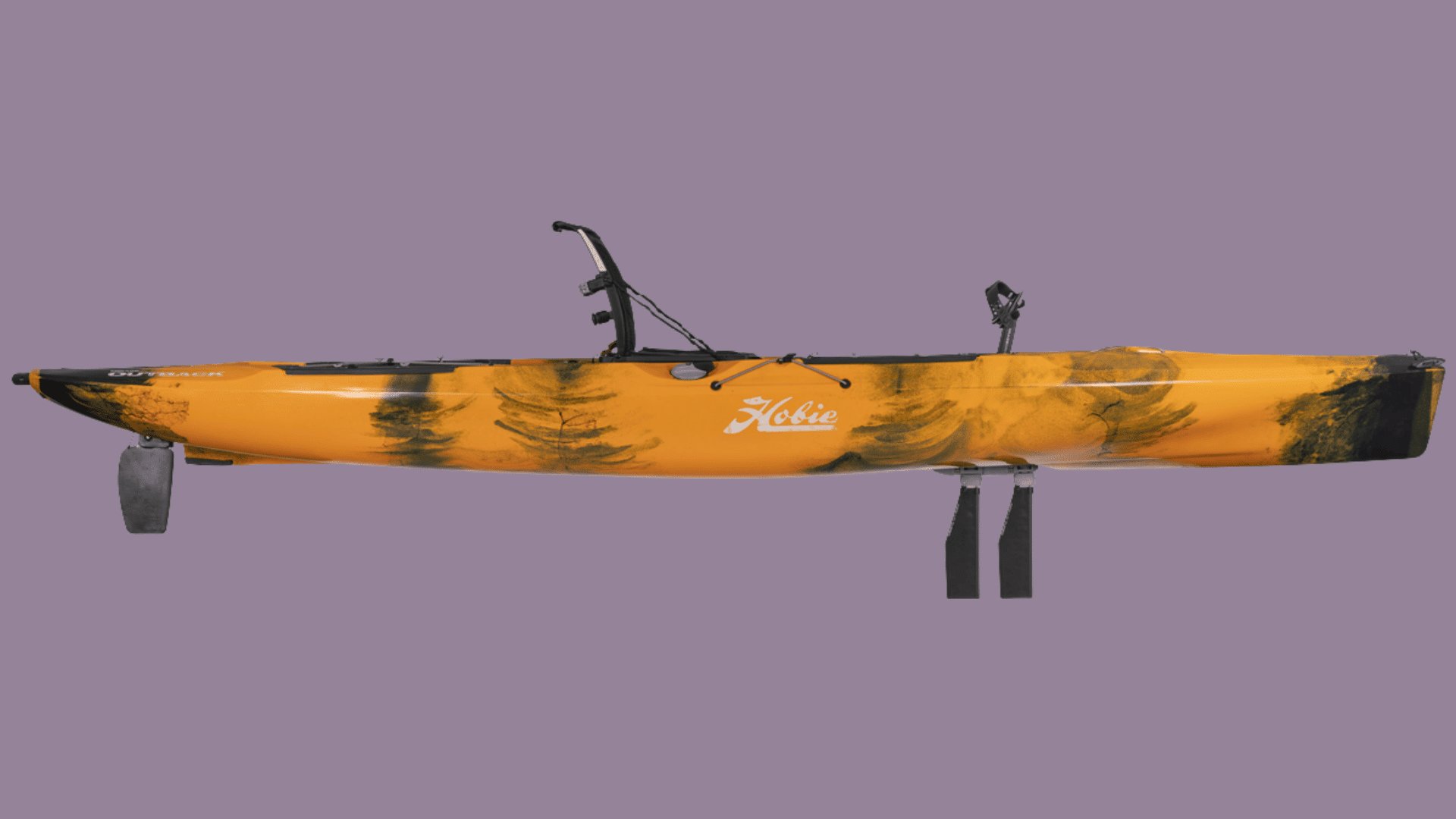An orange and black Hobie Outback kayak is displayed