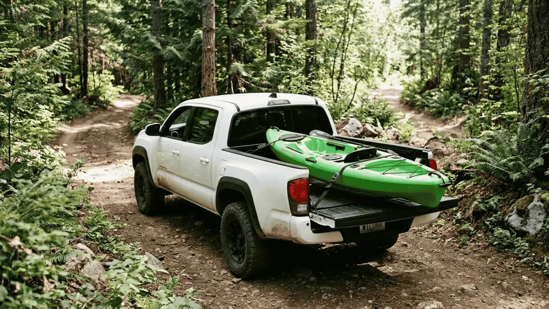 Green-Kayak-Secured-In-Pickup-Truck-Bed-On-Forest-Trail