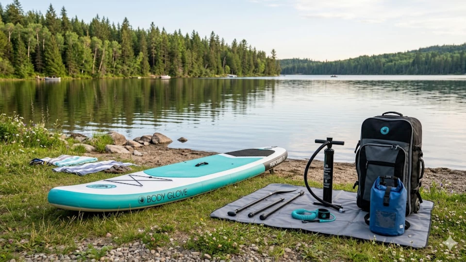 Inflatable paddle board kit beside calm water with accessories arranged on shore
