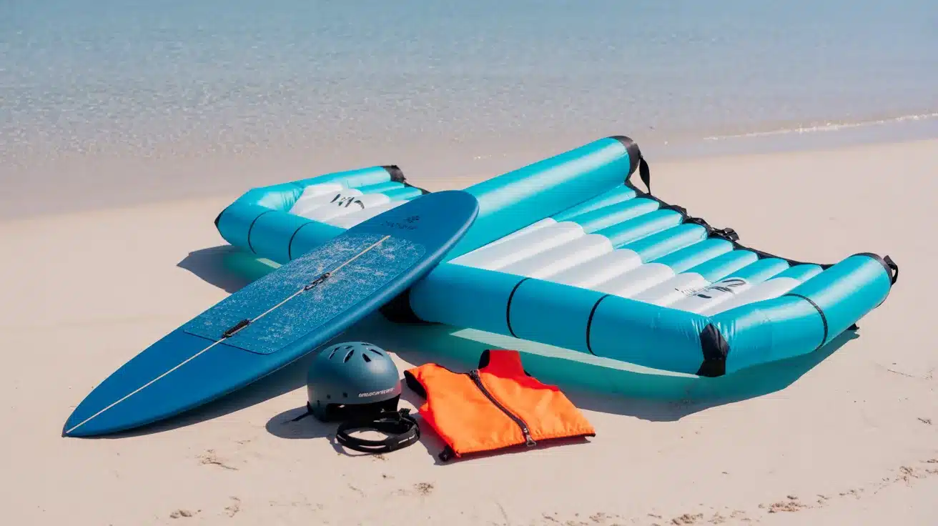 Inflatable wing foil board, surfboard, helmet, and life vest on sandy beach by the water