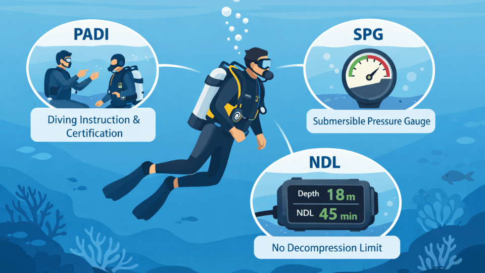 Infographic of scuba acronyms PADI, SPG, NDL with diver, instructor, pressure gauge, and dive computer