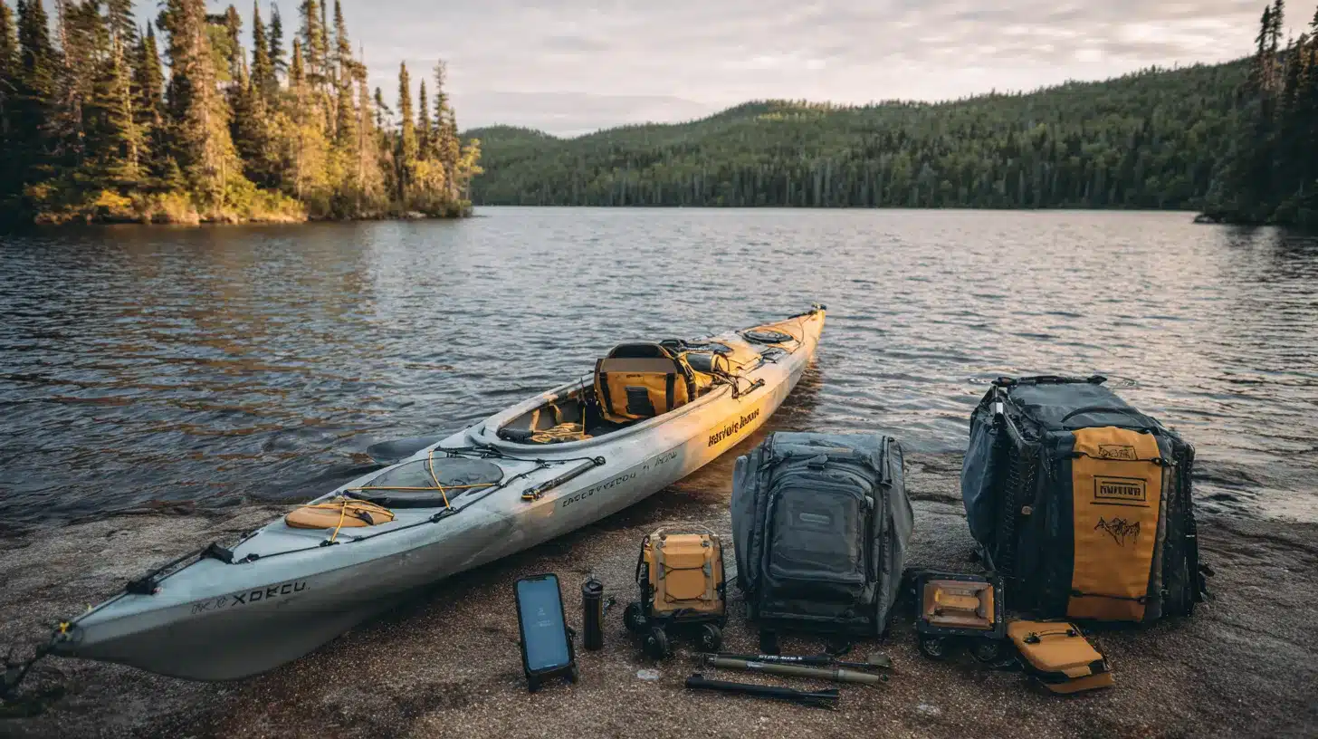 Kayak accessories including paddle leash, deck bag, spray skirt, waterproof phone case, kayak cart, and anchor arranged beside a lakeside kayak