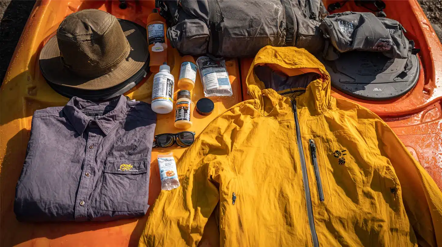 Kayak camping clothing and personal items with dry bags, rain jacket, and essentials arranged beside an open kayak hatch
