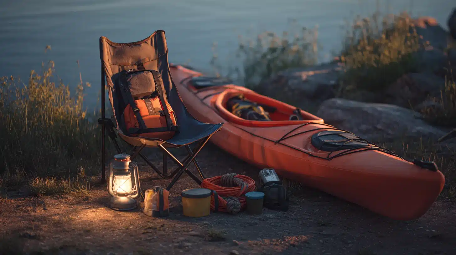 Kayak camping comfort items including lantern, headlamp, chair, repair kit, and rope arranged neatly beside a lakeside campsite