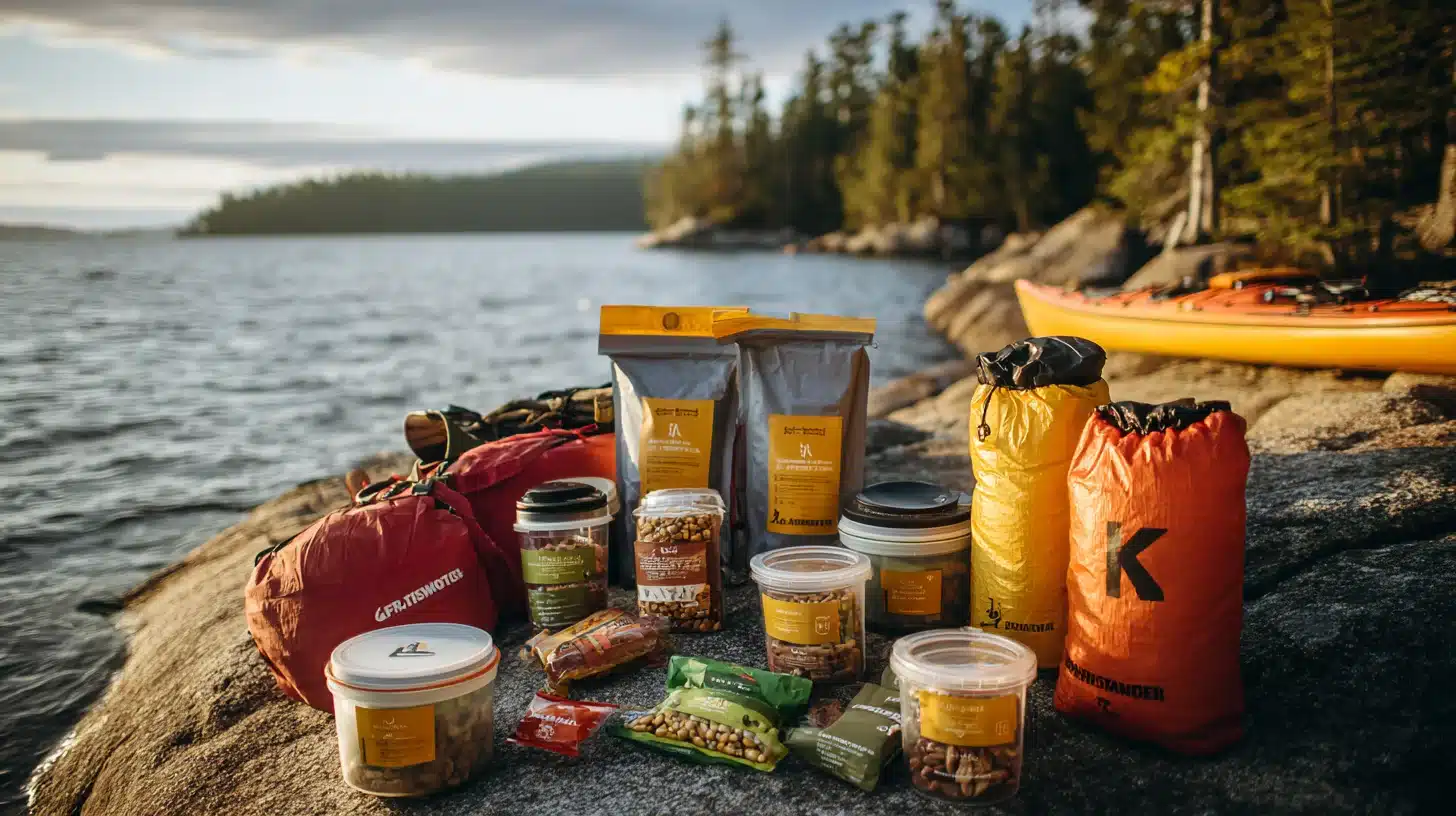 Kayak camping food storage setup with dry bags, meal portions, snacks, and small cooler arranged neatly beside a lakeside kayak