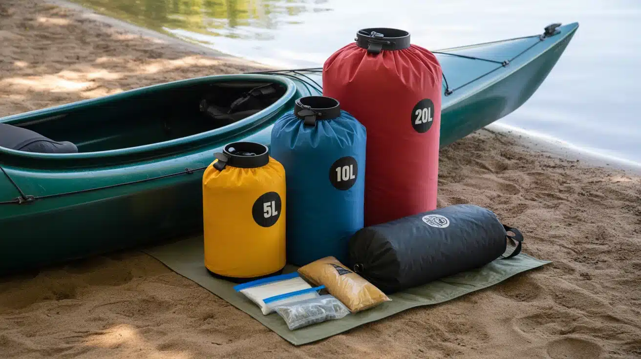 Kayak dry storage setup with labeled dry bags, compression sacks, and organized gear beside an open kayak hatch