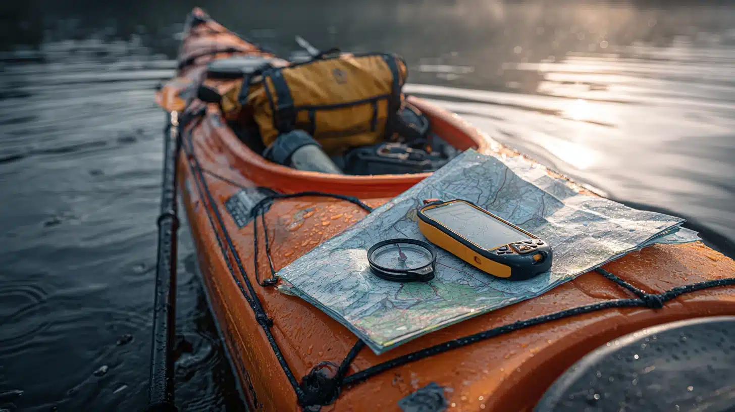 Kayak navigation setup with map, compass, waterproof phone, GPS, and power bank secured on deck during a paddling trip