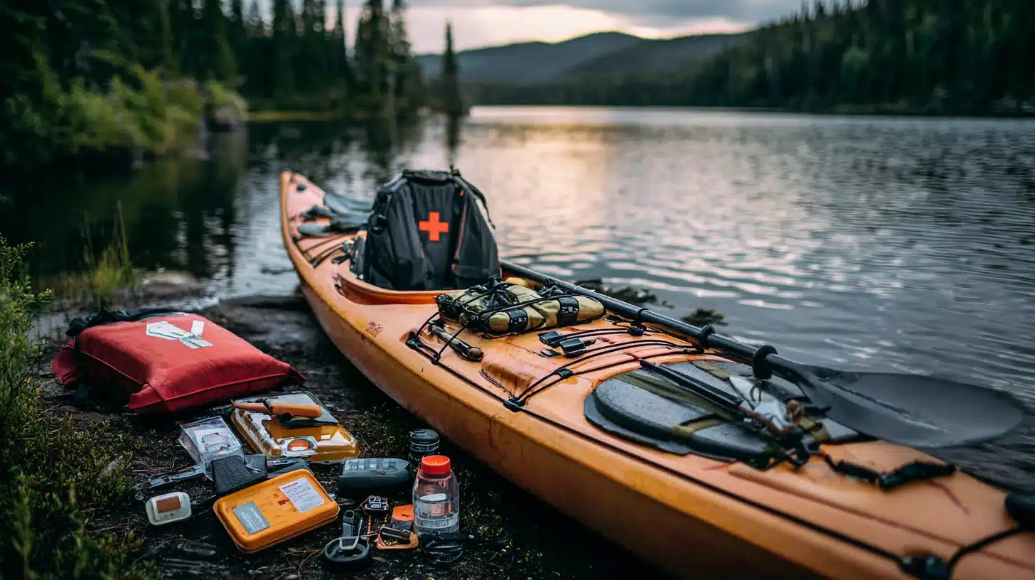 Kayak safety gear with PFD, first aid kit, bilge pump, paddle float, whistle, and emergency device beside a lakeshore kayak.