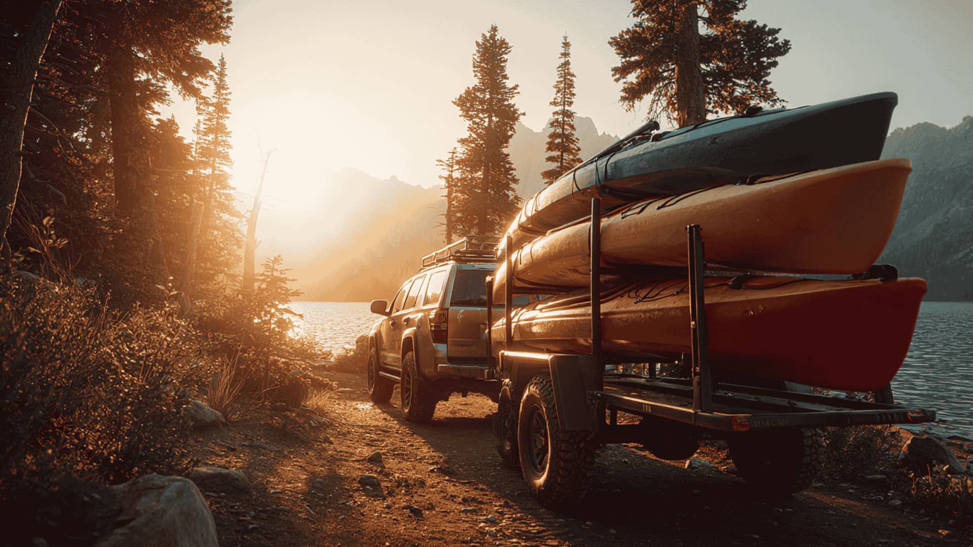 Kayak trailer carrying multiple kayaks by a lakeside at sunrise