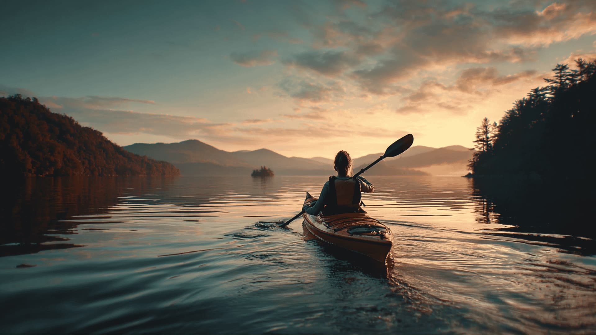 Kayaker on calm lake at sunset showing safety vs risk concept