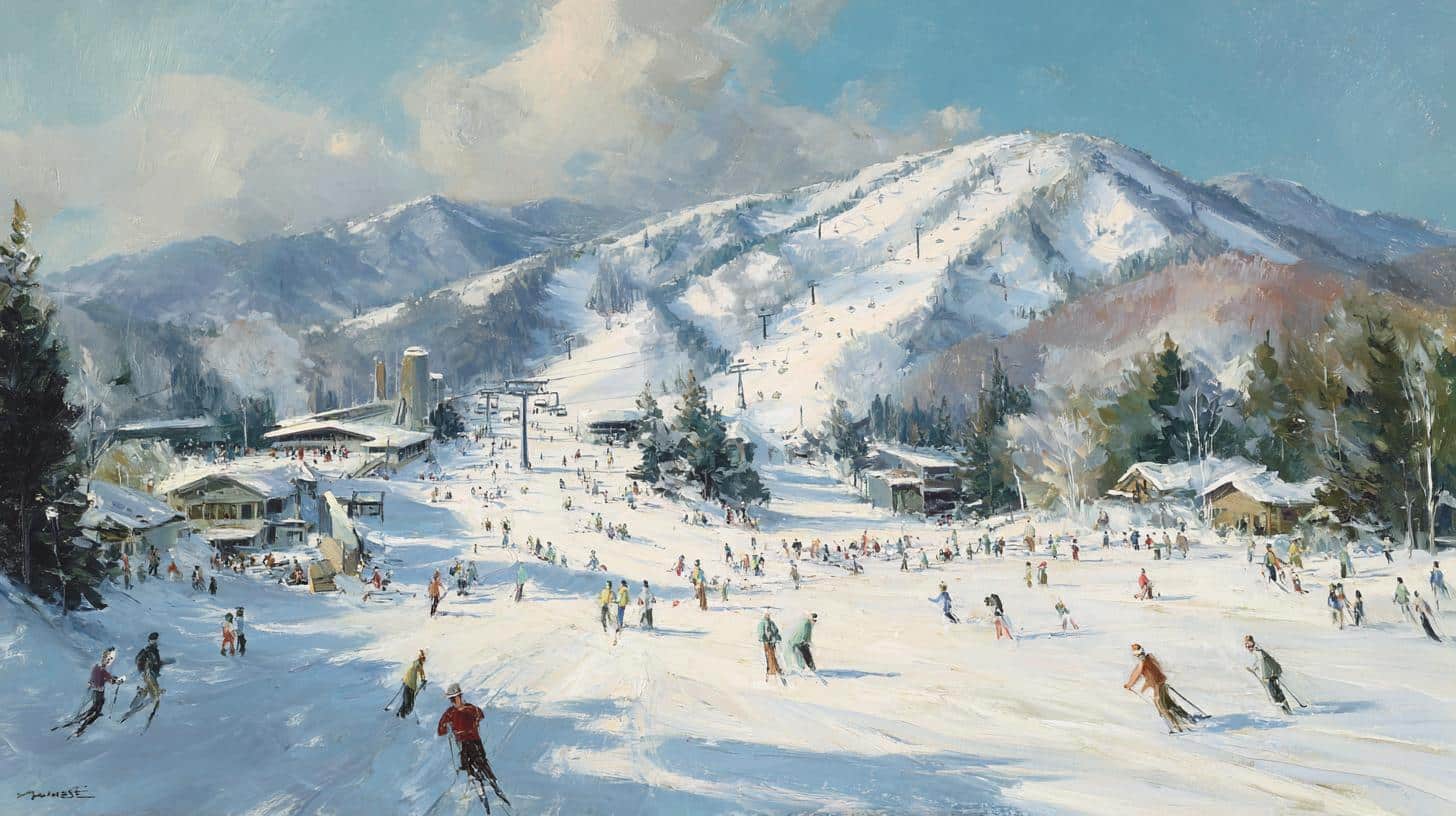 Mid-1900s ski resort with lifts and improved skiing equipment