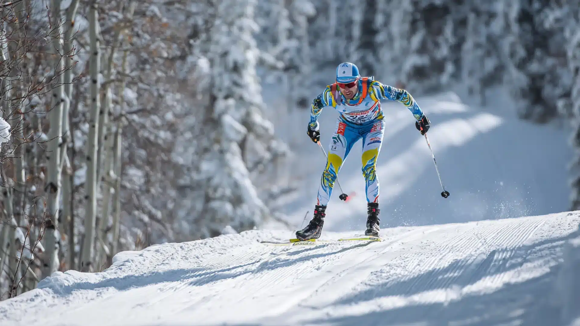 Nordic athlete racing snowy trail after ski jump in crisp winter mountain air...