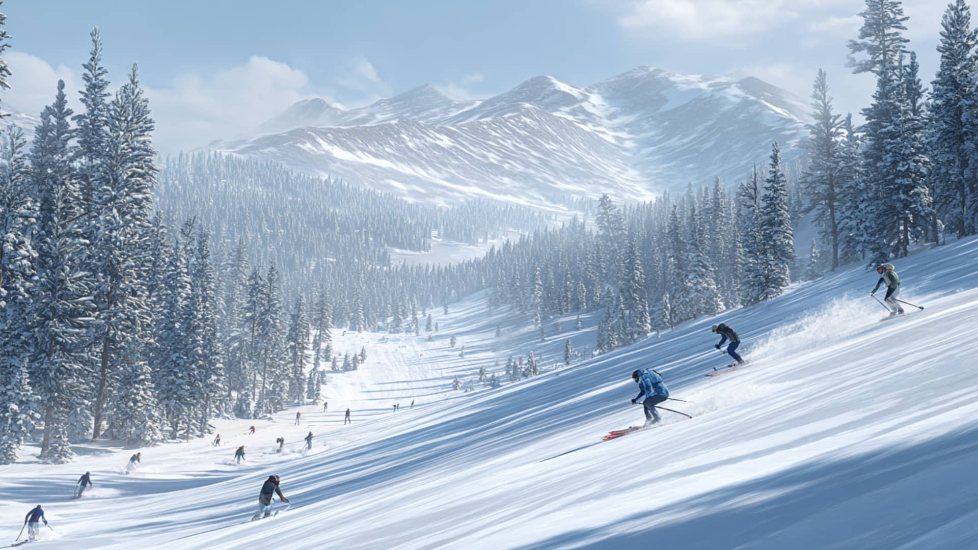 People skiing shown on snowy mountain landscape in realistic winter action