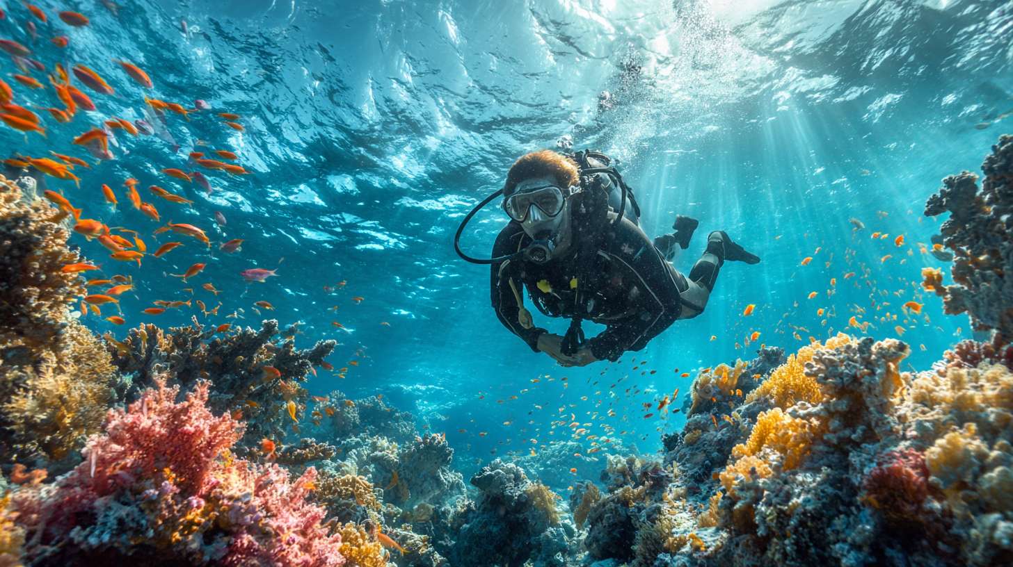 Person using scuba gear underwater with marine life