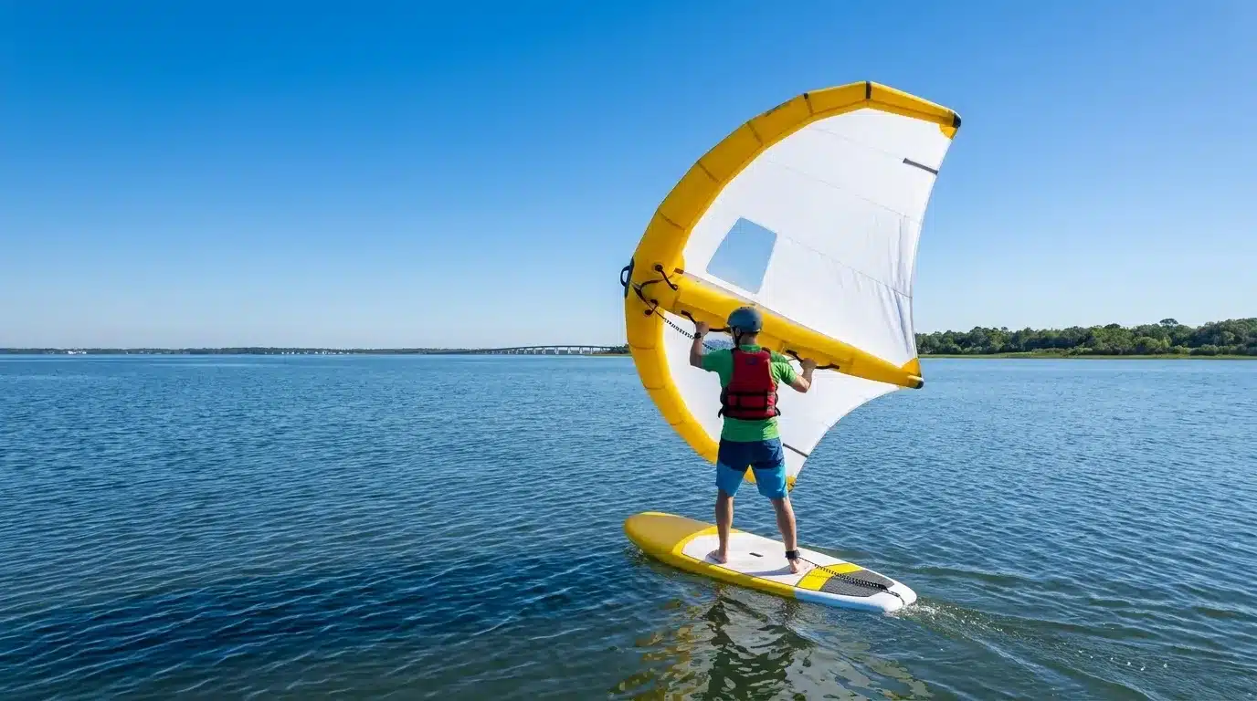 Person wing foiling on calm water with a yellow wing under a clear blue sky