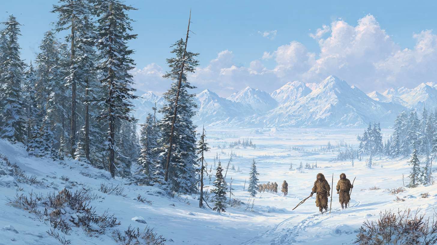 Prehistoric people using wooden skis in northern Eurasia snowy landscape
