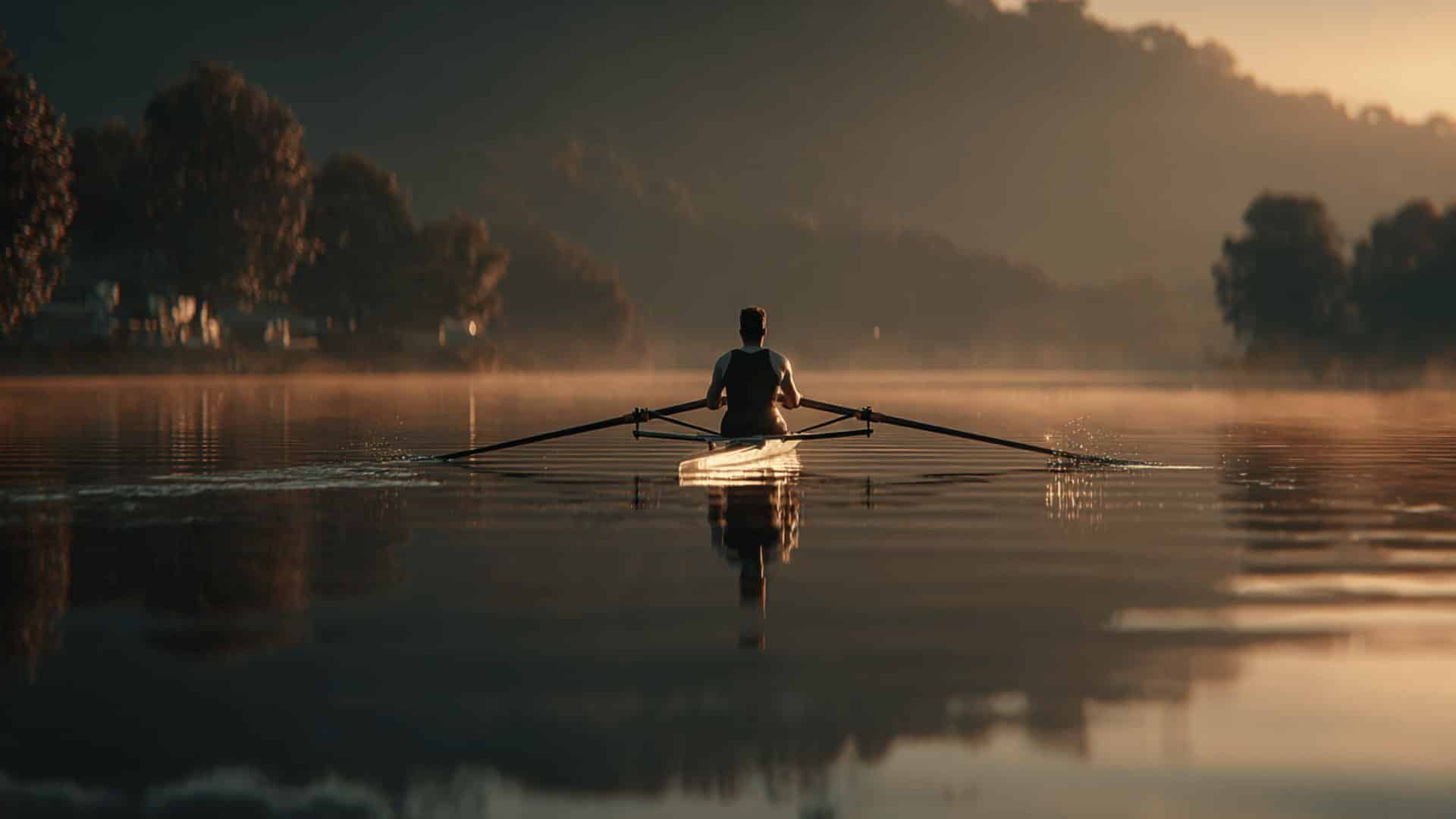 Rower feathering oar on calm water during recovery phase at sunrise (1)