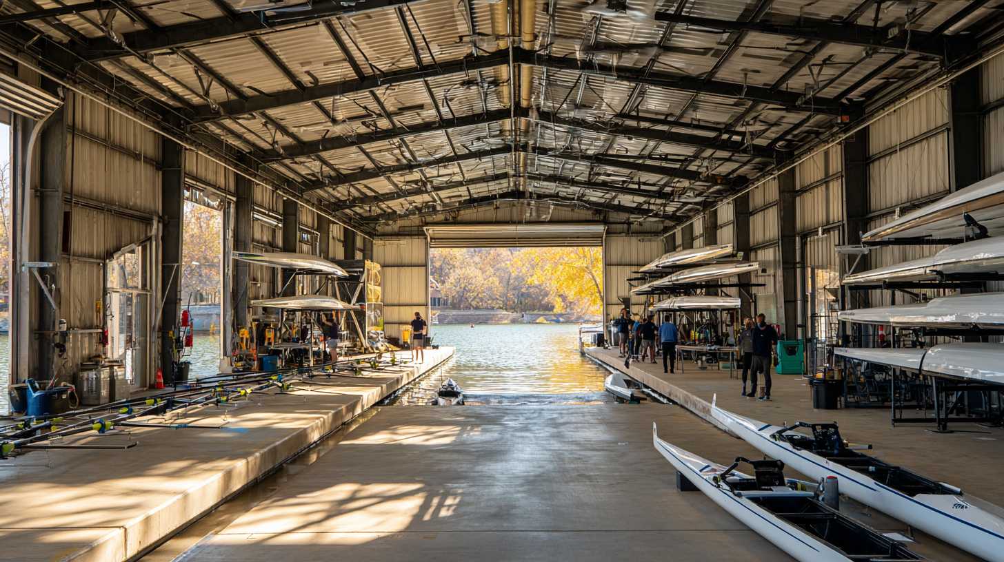 Rowing boathouse with racing shells, oars, docks, and support equipment showing why crew is an expensive sport