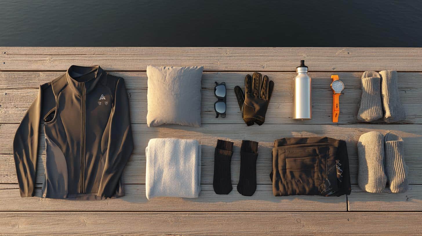 Rowing gear essentials including unisuit, gloves, water bottle, and accessories displayed on a dock near water