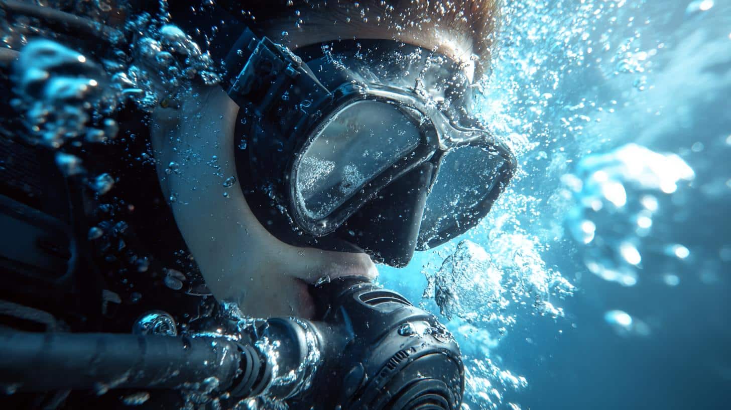 Scuba diver breathing through regulator underwater