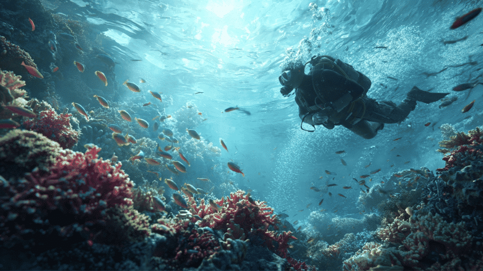 Scuba diver underwater using tank and regulator, showing breathing, buoyancy control, and ocean exploration