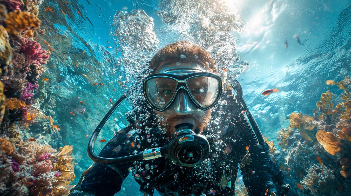 Scuba diver using breathing equipment underwater
