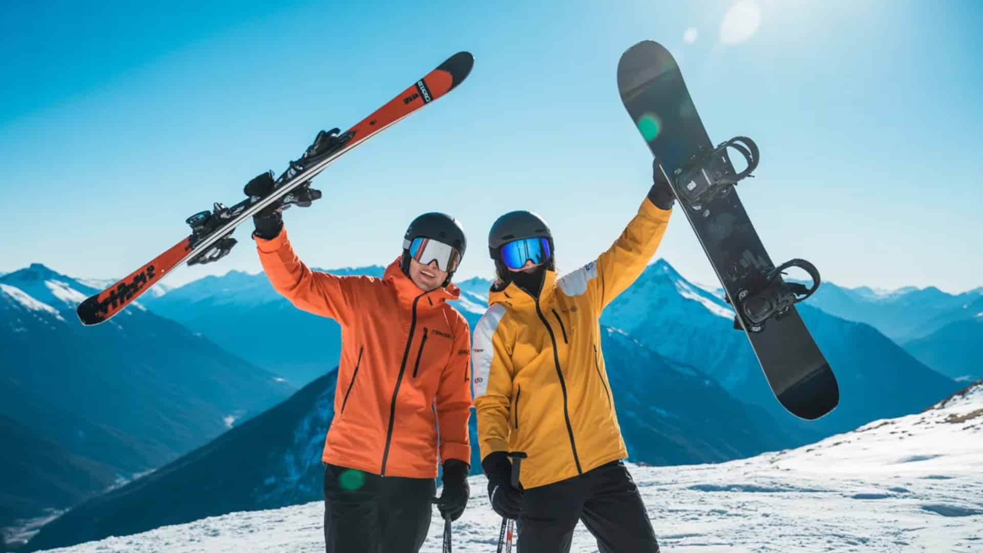Skier and snowboarder pose on sunny mountain summit with gear raised high aloft