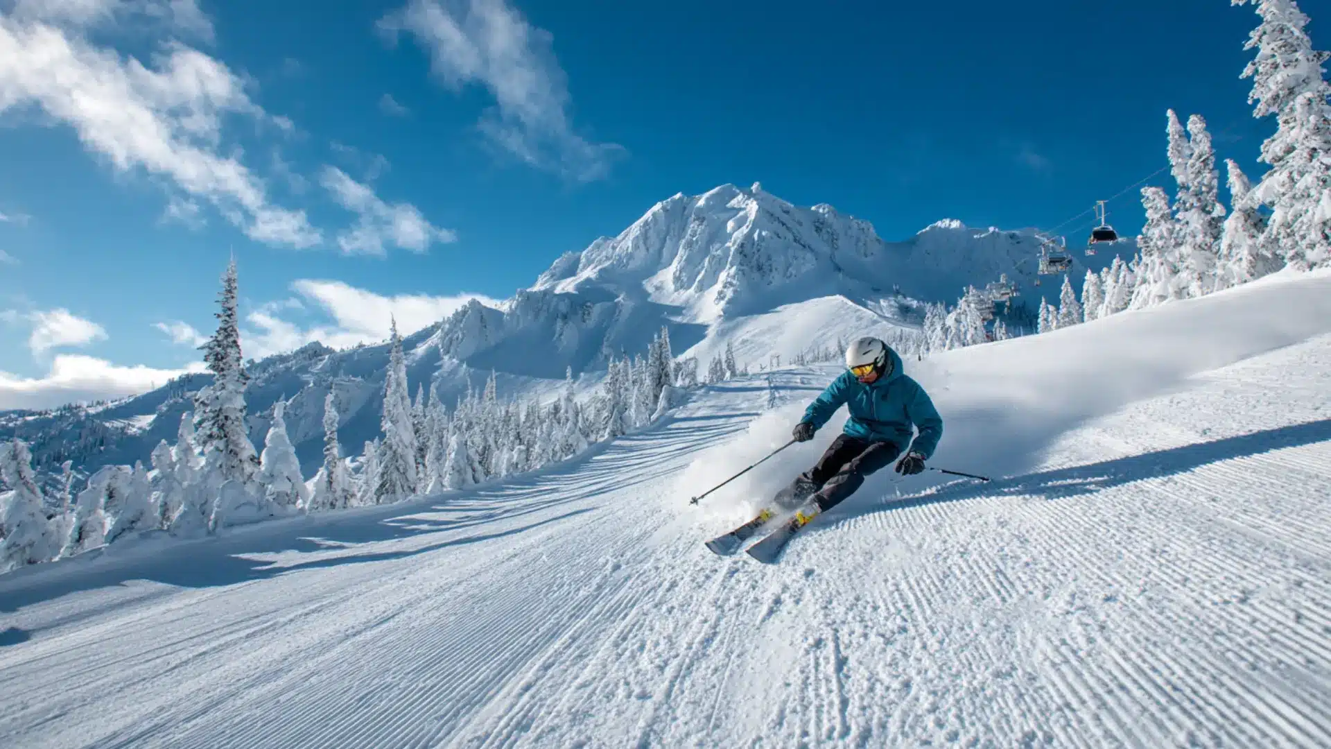 Skier carving down a groomed alpine slope under bright winter mountain daylight.
