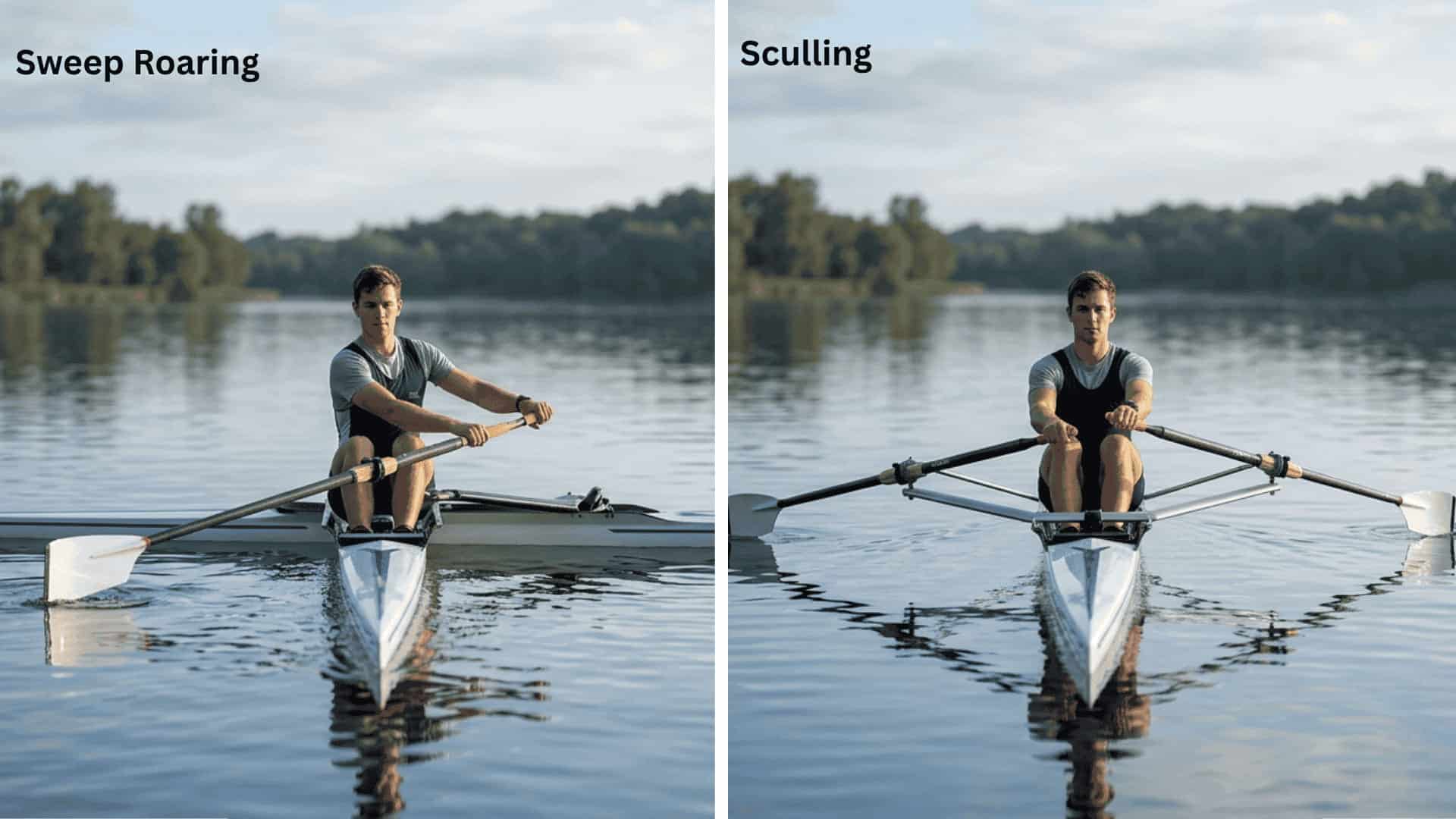 Sweep rowing vs sculling showing feathered oar technique on calm water