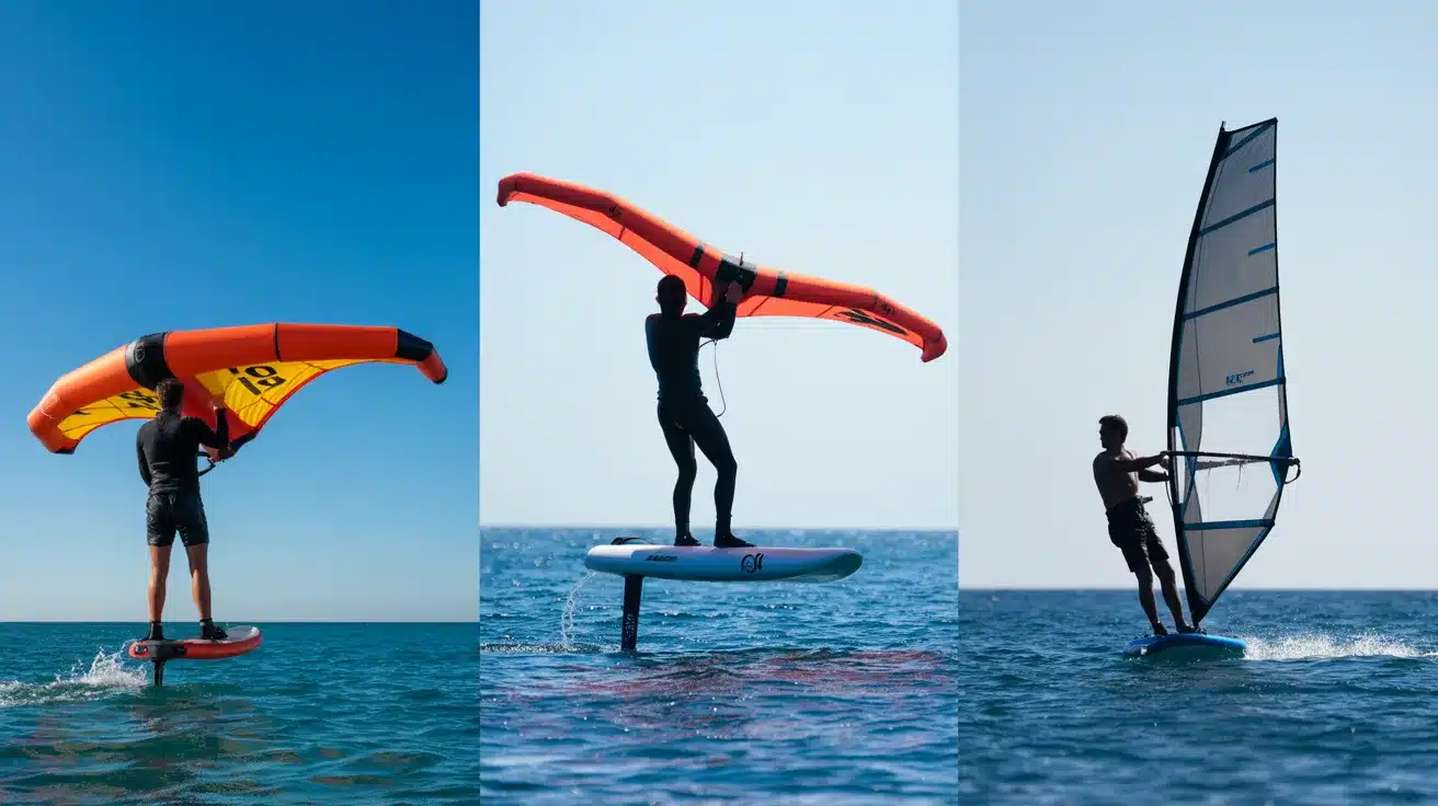 Three side-by-side views of people wing foiling and windsurfing on the ocean