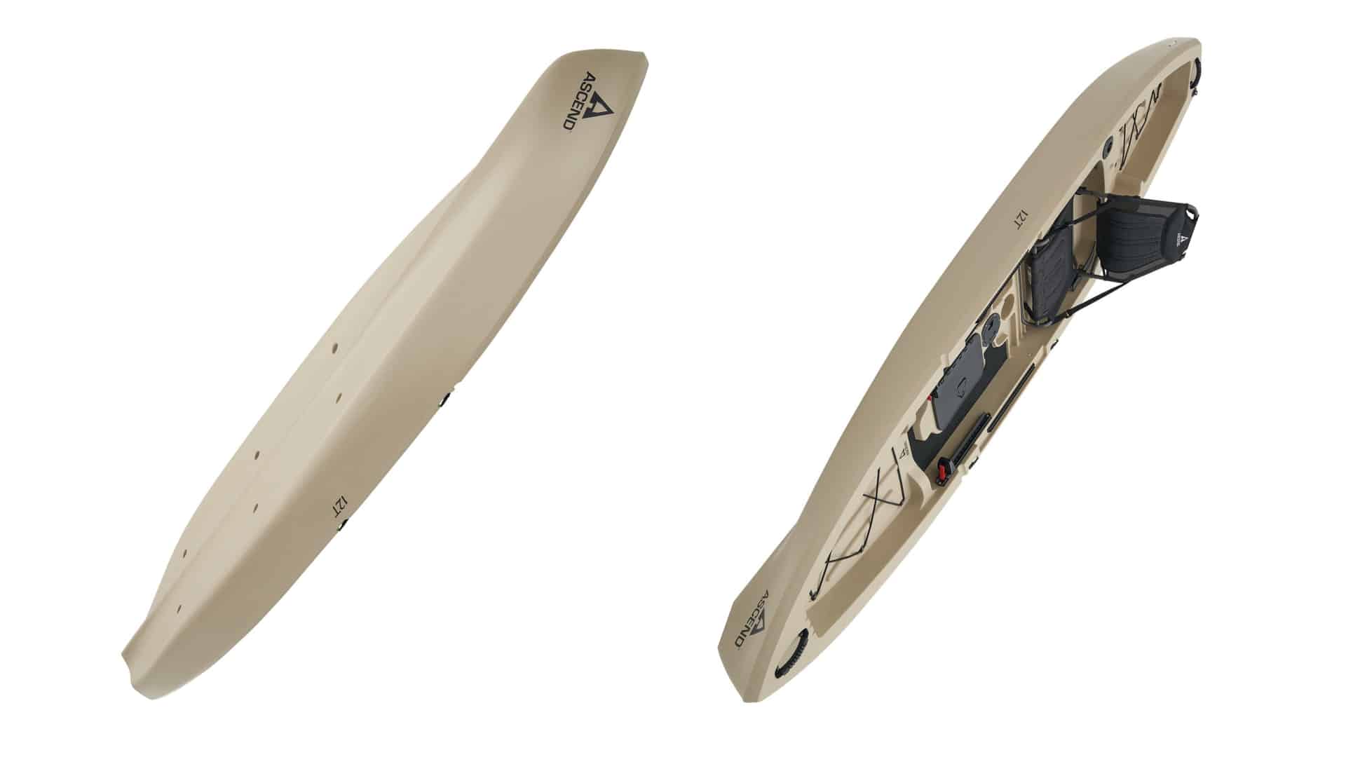 Top and bottom view of a beige Ascend kayak shown on a plain light background