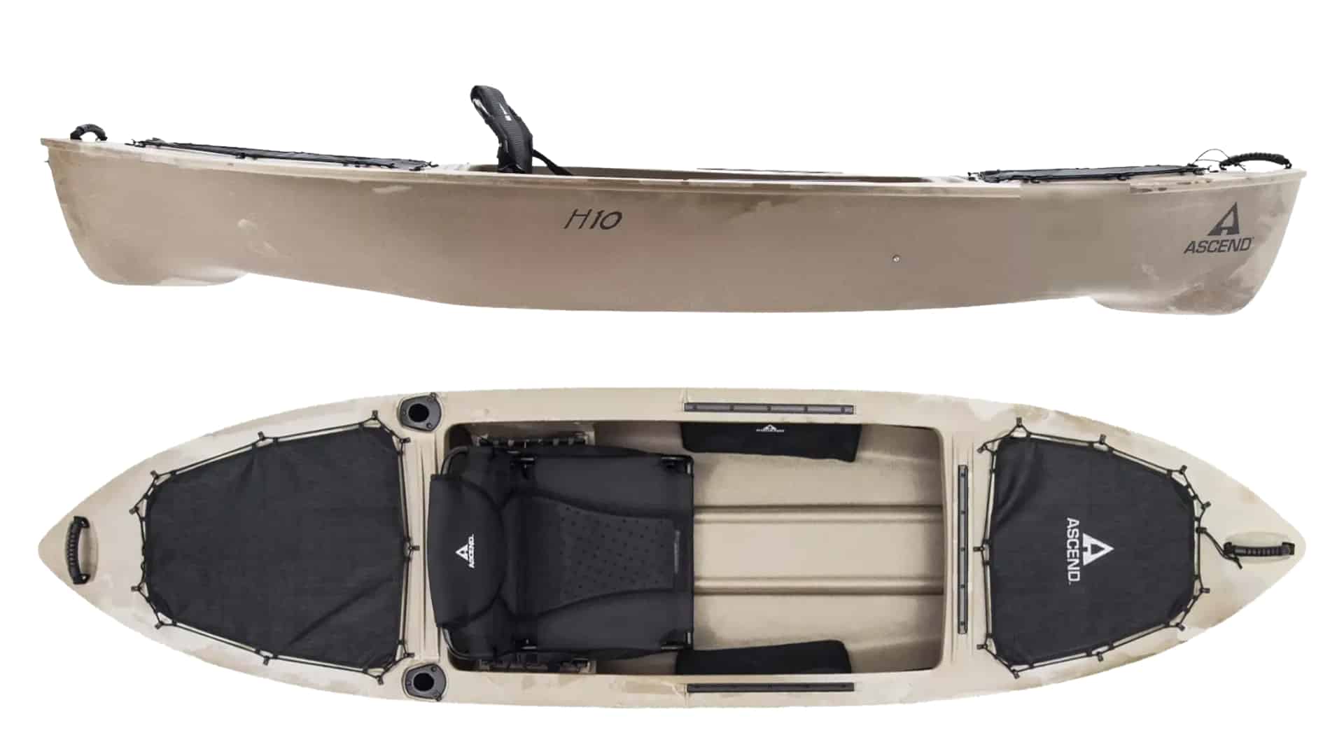 Top and side views of the Ascend H10 kayak with open deck and front rear storage