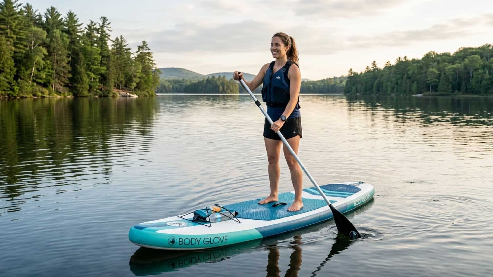 Woman paddling body glove performer 11 board on a calm lake at sunrise.